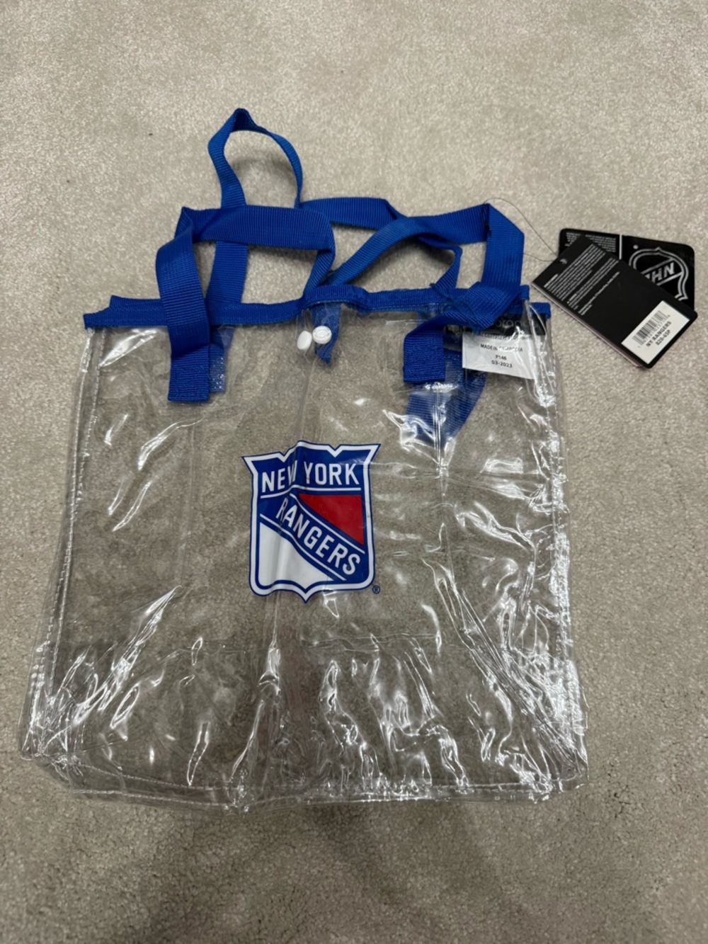New York Rangers Clear Tote Bag with Royal Blue Straps